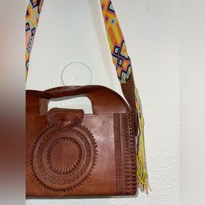 Mexican Leather Tote Bag With Colorful Strap